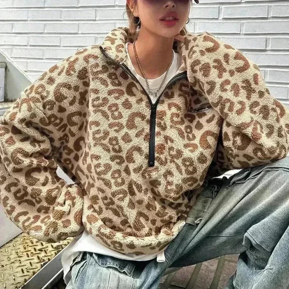 Apricot Casual Women's Leopard Print Basic Long Sleeve Sweatshirt - Picture 7 of 9